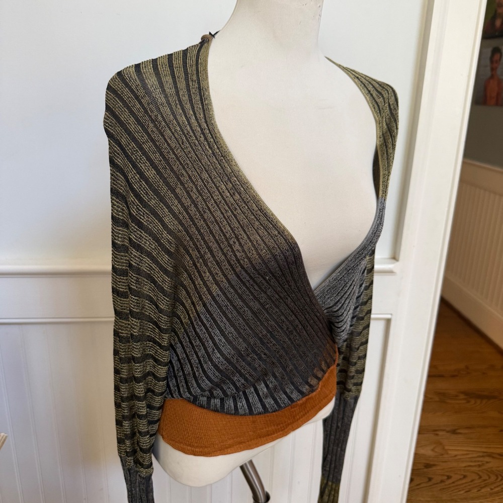 Free People Striped Ribbed Wrap Top in Olive, Gray and Rust - Picture 4 of 10